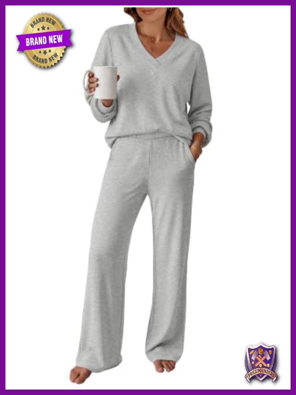 Women's Two Piece Lounge Set Long Sleeve V Neck Top Wide Leg Pants